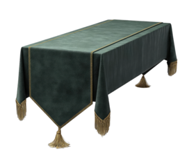 Dark teal table cloth with gold trim and tassels