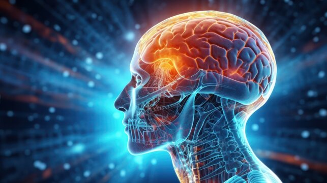 A human head with a glowing brain, set against a blue and white gradient background with a starry sky.