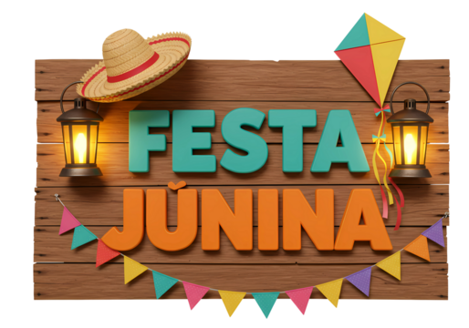 Festa junina wooden sign with straw hat and kite isolated on transparent background