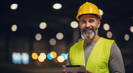 Happy Male Engineer or Construction Worker Holding a Digital Tablet in an Industrial Setting