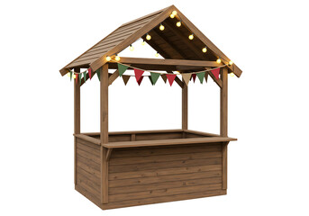 Wooden market stall with festive lights and bunting isolated on transparent background