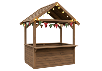 Wooden market stall with festive lights and bunting isolated on transparent background