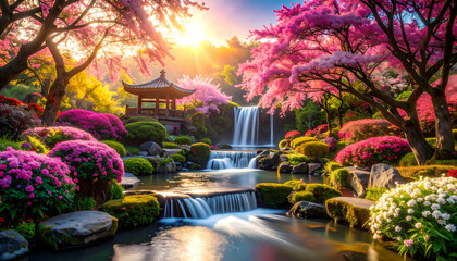 Spring garden waterfall tranquility scene