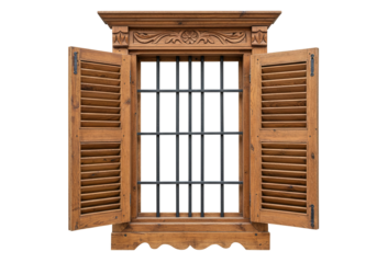 Ornate wooden window with open shutters isolated on transparent background