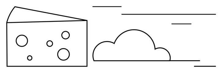 Cheese wedge with holes and puffy cloud connected by dynamic motion lines. Ideal for food, creativity, imagination, speed, lightness, innovation, surrealism. Simple flat metaphor