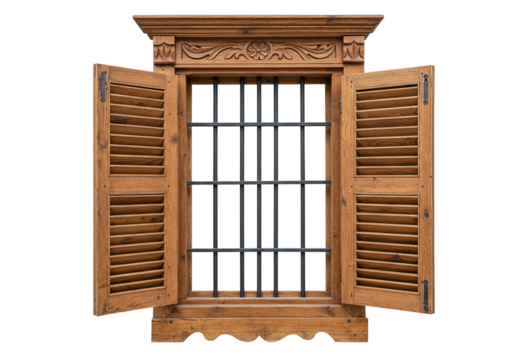 Ornate wooden window with open shutters isolated on transparent background