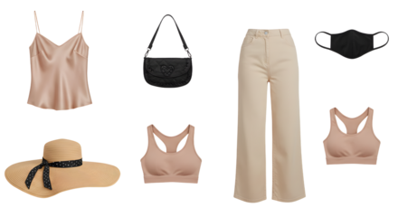 LIFESTYLE - Beige summer outfit flat lay with stylish wide leg pants, satin camisole, sports bras, black mask, handbag, and sun hat for warm weather fashion