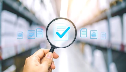 Hand holding magnifying glass focusing on document checkmark