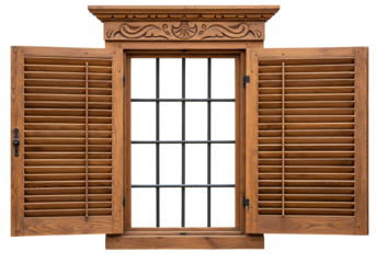 Ornate wooden window with open shutters isolated on transparent background