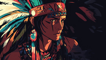 Fototapeta premium Young native american warrior with colorful headdress and war paint