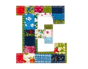 Letter E made of colorful patchwork fabric