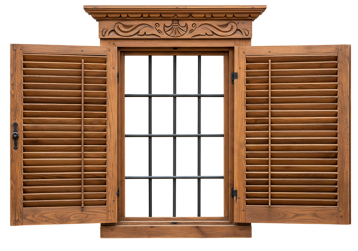 Ornate wooden window with open shutters isolated on transparent background