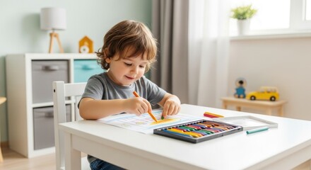 A young child drawing with crayons at a table in a brightly lit room.
