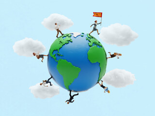 Miniature business people run and climb around the globe, competing for success. One woman plants a "Success" flag, symbolizing a global victory.