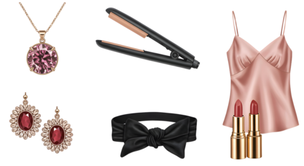 LIFESTYLE - Flat lay of elegant women?s fashion accessories including jewelry, pink camisole top, black bow belt, hair straightener, and red lipsticks on white background