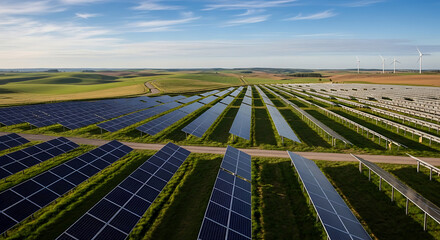 Expansive Solar Farm in Rural Landscape under Bright Sky