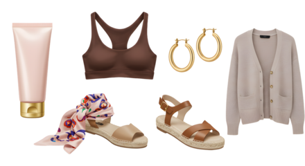LIFESTYLE - Flat lay of women's fashion items including beige cardigan, brown sports bra, sandals, gold hoop earrings, and floral silk scarf, styled for casual wear