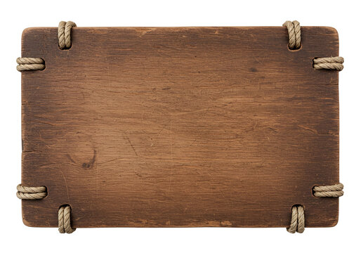 Old wooden sign with rope corners isolated on transparent background