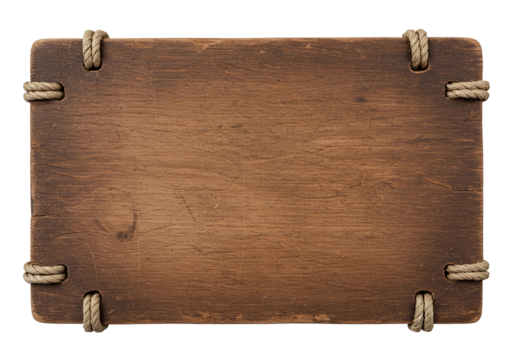 Old wooden sign with rope corners isolated on transparent background - Powered by Adobe