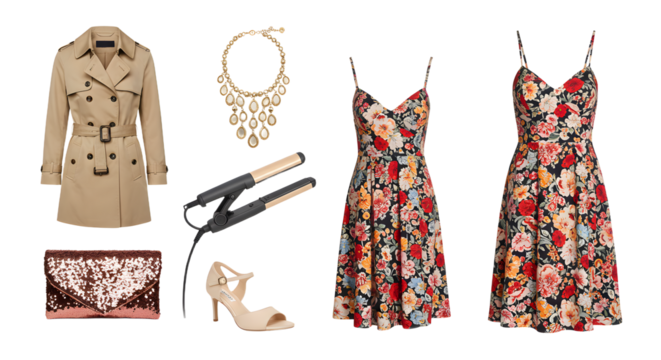 LIFESTYLE - Floral summer dress outfit with beige trench coat, high heels, black belt, statement necklace, and sequined clutch bag on white background