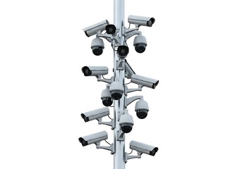 Multiple surveillance cameras mounted on a pole isolated on white background