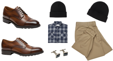 LIFESTYLE - Men's formal brown leather dress shoes, checkered shirt, khaki pants, black beanie hats, and silver cufflinks set for stylish business or casual outfit
