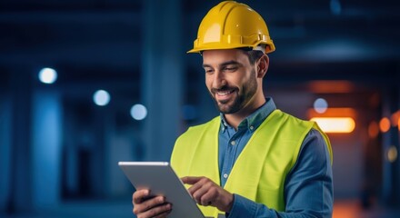 Smiling construction worker or engineer using a digital tablet in an industrial setting