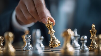 Businessman moving a golden chess king on a chessboard with silver pieces, symbolizing strategic leadership, decision-making, and competitive success in business

