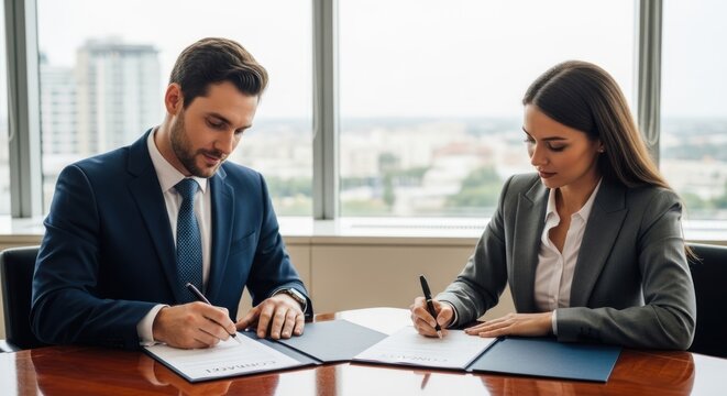 Two business professionals in a formal office setting, signing a document.