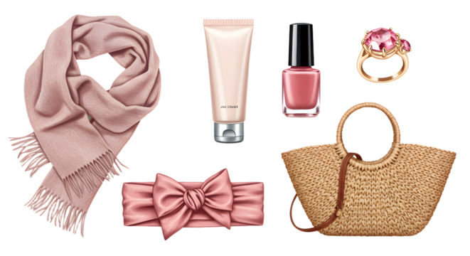 LIFESTYLE - Pink women?s fashion accessories including scarf, headband, hand cream, nail polish, ring, and wicker handbag on white background