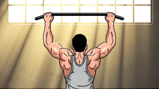 Determined Athlete's Powerful Pull-Up Training Session in a Gritty, Sun-Drenched Gym Animation.