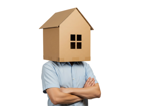 Person with cardboard house on head isolated on transparent background