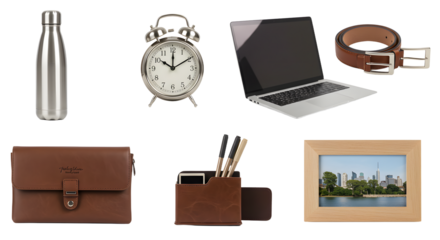 LIFESTYLE - Stylish office essentials including leather wallet, pen holder, belt, stainless steel bottle, vintage alarm clock, laptop, and cityscape photo frame