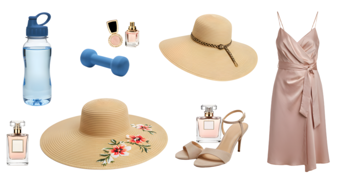 LIFESTYLE - Summer fashion essentials including beige dress, floral sunhat, nude heels, perfume bottles, blue dumbbell, and water bottle set on white background