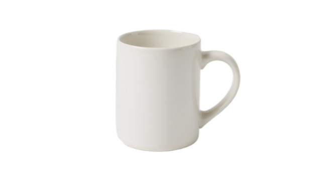 Clean and classic white ceramic coffee mug, an empty vessel for your favorite hot or cold drink, isolated on a pristine background, perfect for product display.