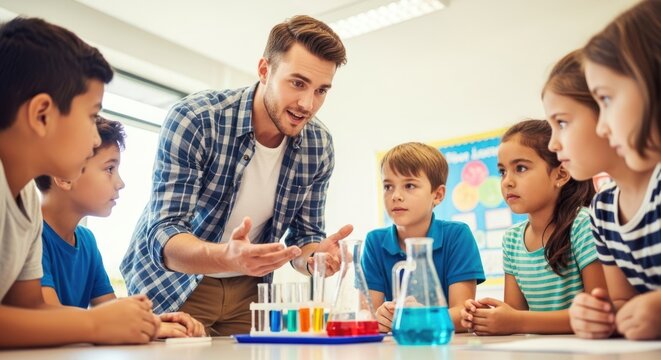 A teacher and students in a classroom setting, engaged in a science experiment.