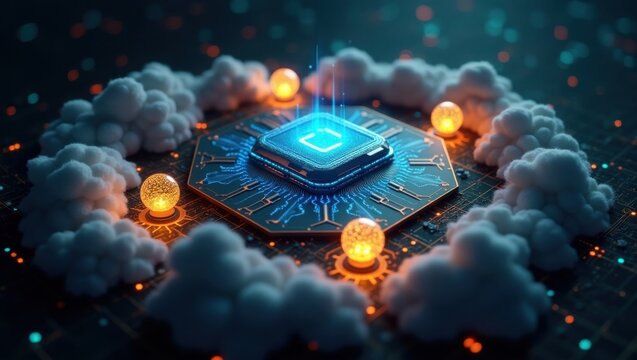Futuristic Central Processing Unit with Glowing Elements Surrounded by Clouds and Digital Particles