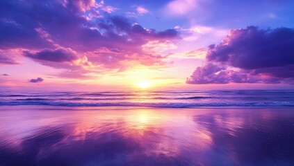 Naklejka premium Sunset over a purple beach. Dramatic, colorful sky