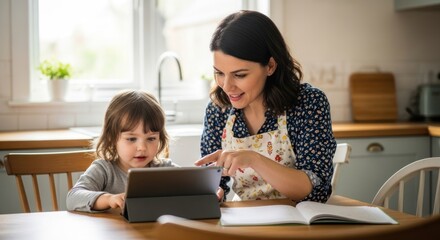 A woman and a child using a tablet in a kitchen.