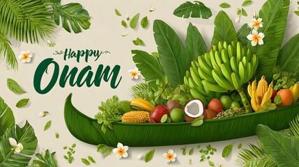 Happy Onam greeting with traditional banana leaf boat filled with fruits, vegetables, and flowers, celebrating Kerala’s harvest festival with vibrant natural decorations

