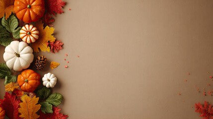 Top-down flat lay of small orange and white pumpkins with red and yellow autumn leaves on a vertical border left side, light brown background, ample copy space for Thanksgiving designs