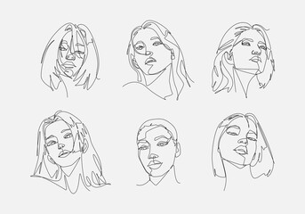 Set of female portraits in continuous one line drawing style. Editable vector.