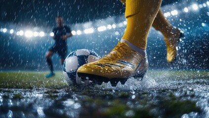 Close-up of soccer player's foot in action on a rainy night