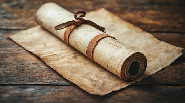 Rolled-up antique document tied with leather strap on wooden surface