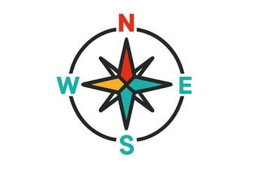 Colorful compass icon with cardinal directions. Vector logo for navigation, travel, and exploration. Wind rose symbol for guidance, journey, and adventure. Isolated graphic.