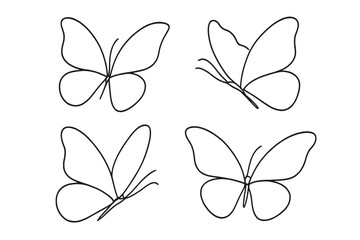 Set of four butterfly outlines in a continuous one-line drawing style. Elegant and delicate minimalist insect icon collection for spring and summer themes. Simple vector art.