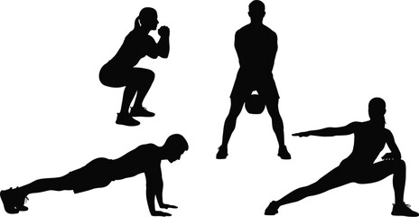 Silhouette of various fitness exercises, including squats, kettlebell swings, pushups, and lunges, , representing a healthy and active lifestyle, strength training, and overall wellness