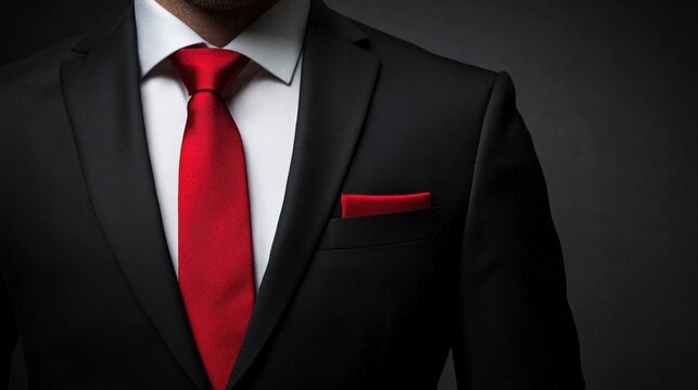 A man in a black suit with a red tie and a white shirt, standing against a dark background.