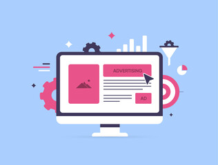 Online ad management concept showing computer monitor, advertising banners, charts and gears. Online ad management for digital marketing and media advertising strategy flat modern design illustration