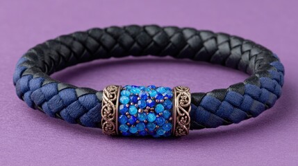 Fototapeta premium Braided leather bracelet with blue accents